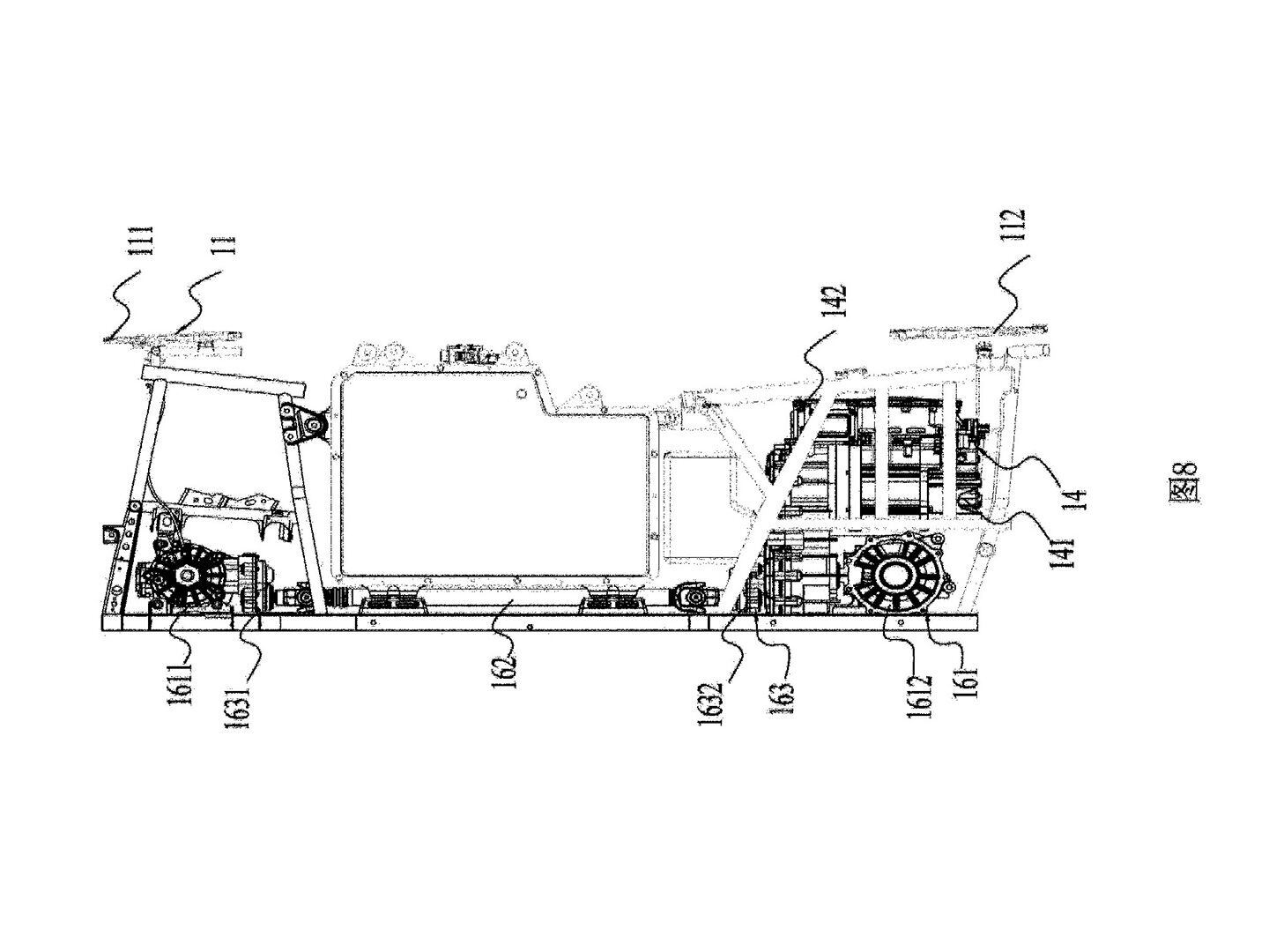 Instead of a V-twin and a fuel tank between the rider’s legs, the drawings show a battery filling the space.