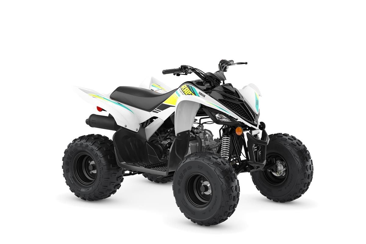 The 2022 Yamaha Raptor 90 also comes in white with sport graphics.
