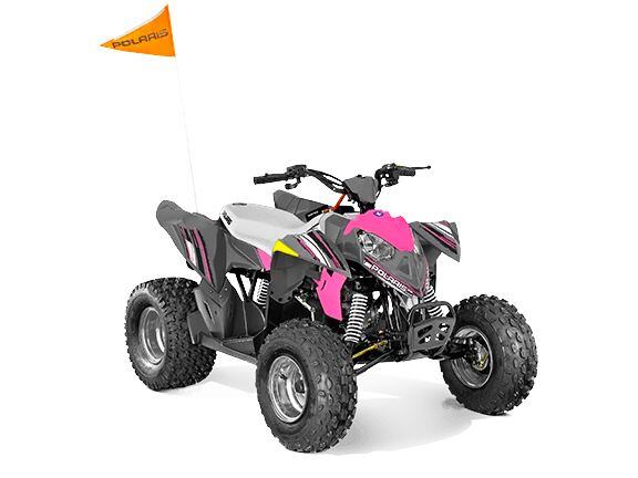 The 2022 Polaris Outlaw 110 EFI in Avalanche Gray/Pink Power.