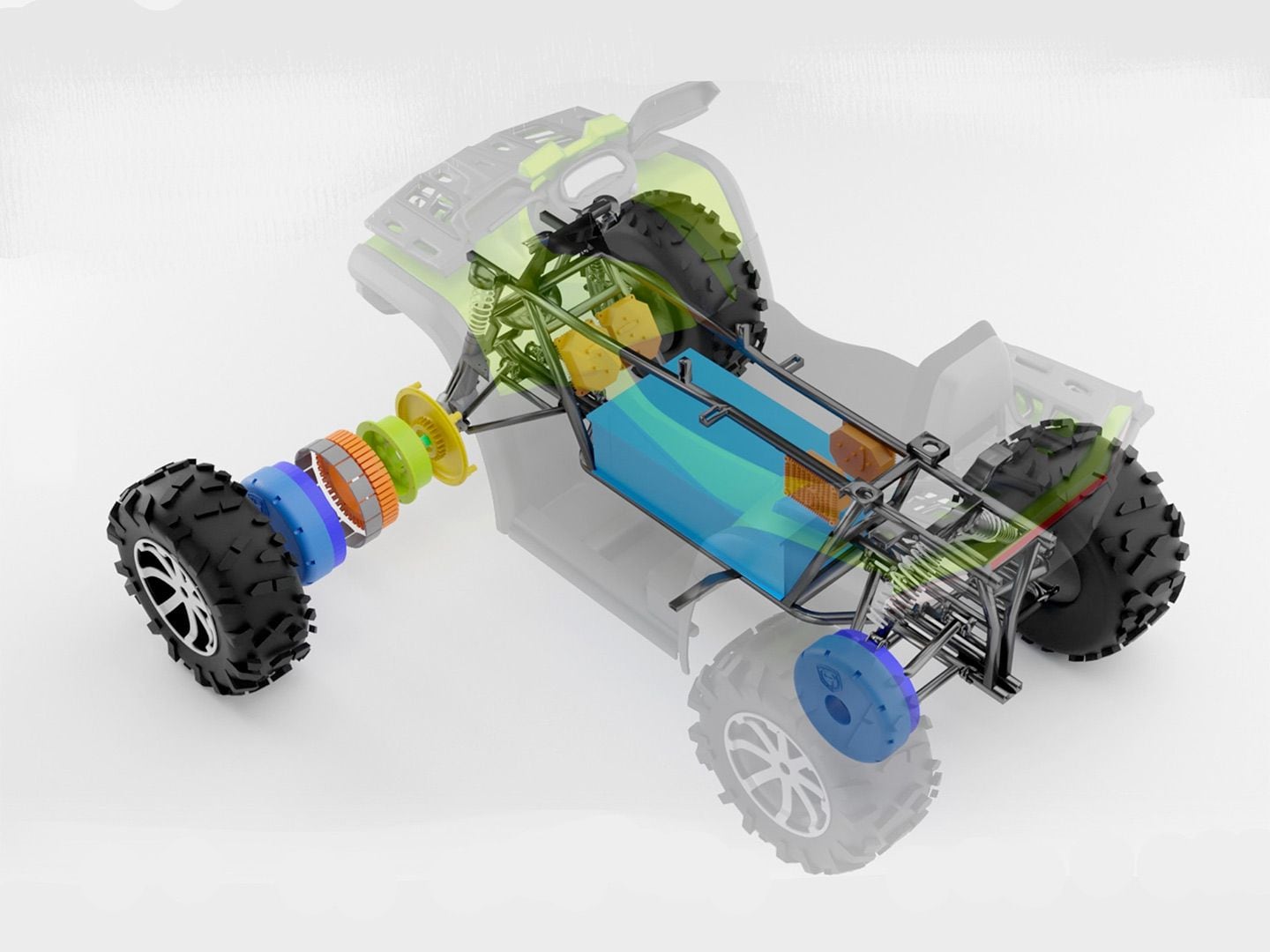 The Tachyon is driven by one motor per corner, giving it 155 lb.-ft. of torque at each wheel.