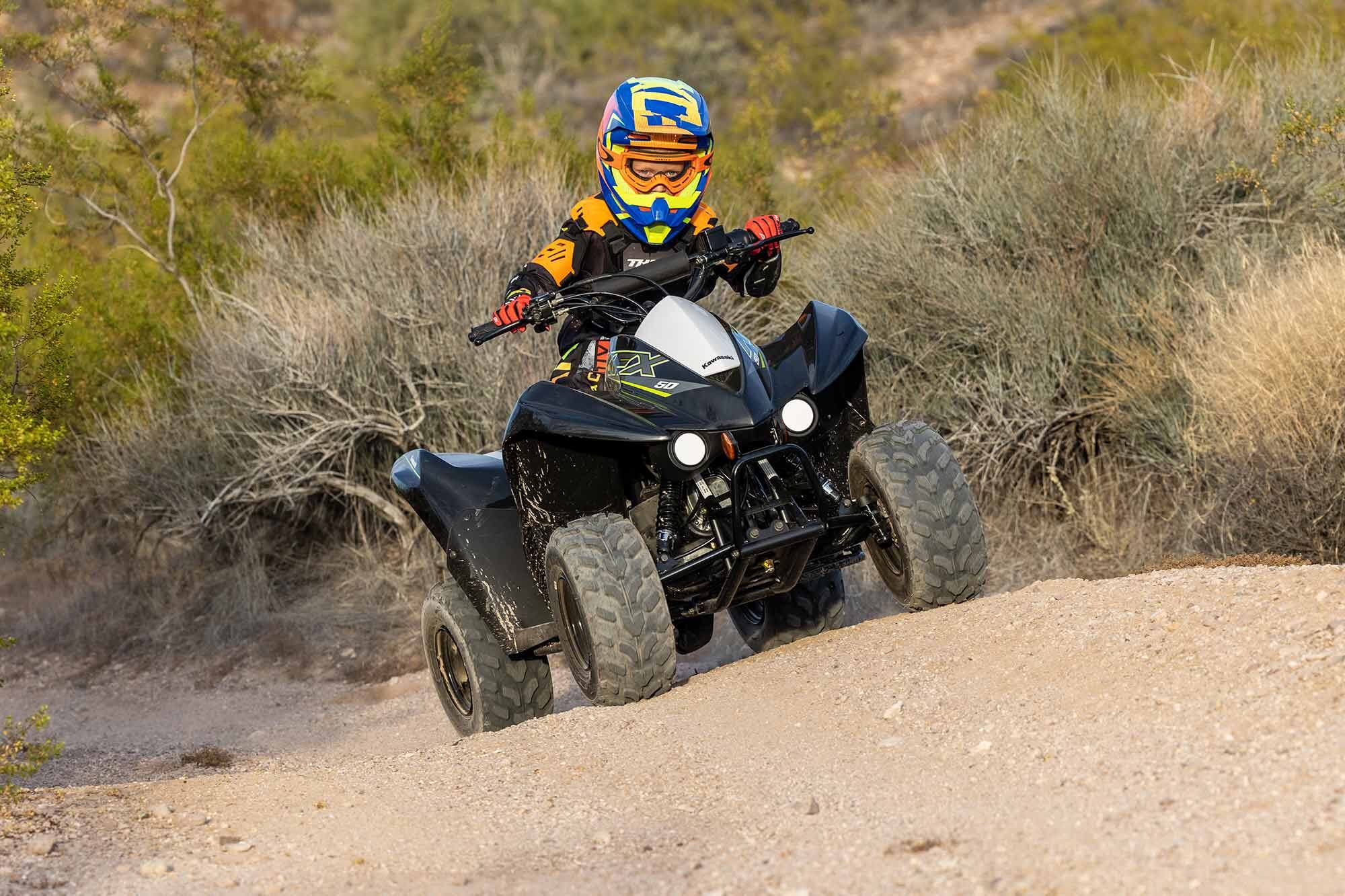 The Kawasaki KFX50 has a wide stance for better overall stability and confident cornering.