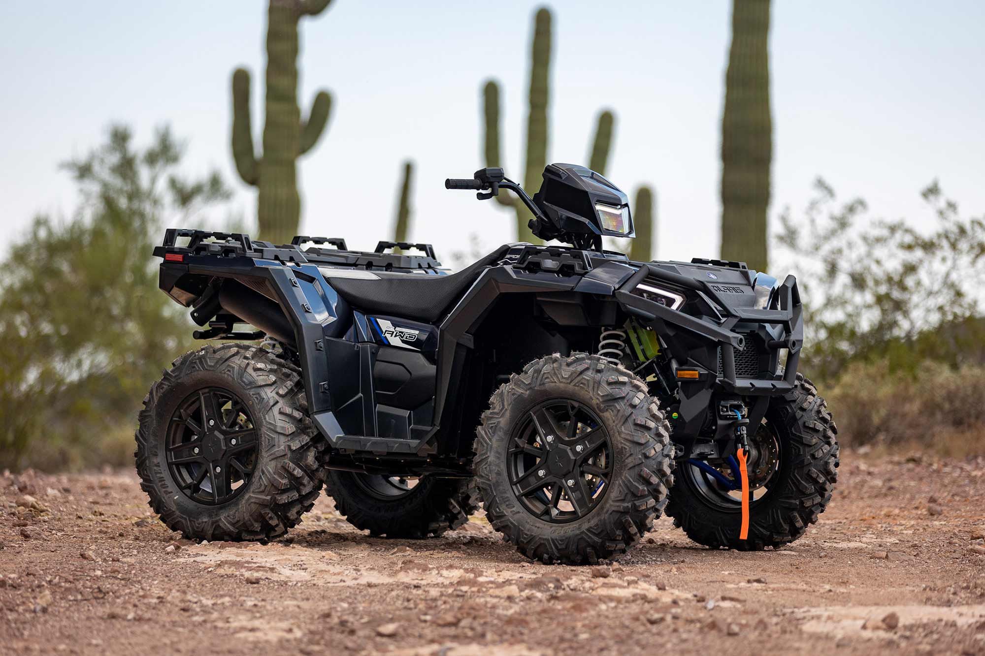 A 3,500-pound winch, aluminum wheels, and rugged Duro Power Grip V2 tires are just a few premium features on this Sportsman.