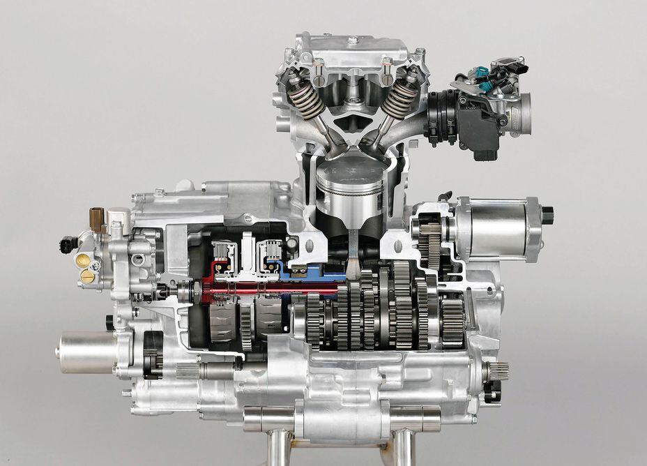 Honda’s ATV engines have one piston, but the engine is turned so the output shaft runs toward the rear axle.